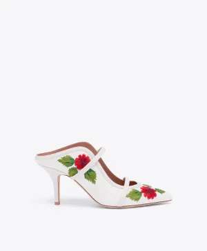 Maureen 70 White Embroidered Raffia Heeled Mules