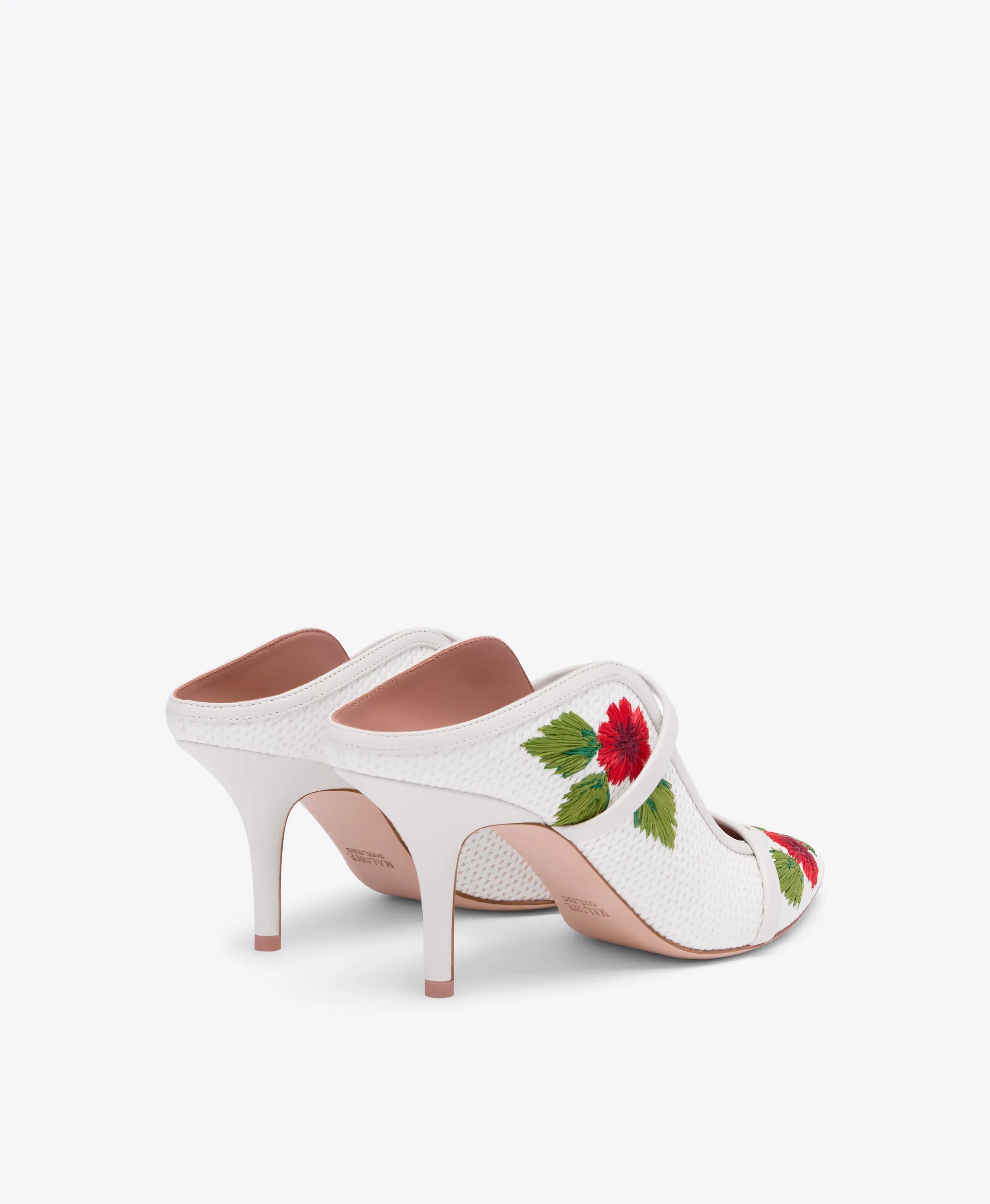 Maureen 70 White Embroidered Raffia Heeled Mules